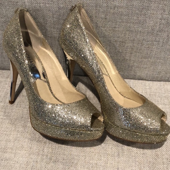 MICHAEL Michael Kors Shoes - Michael Kors Glamorous Silver Glitter Open-Toe Heels